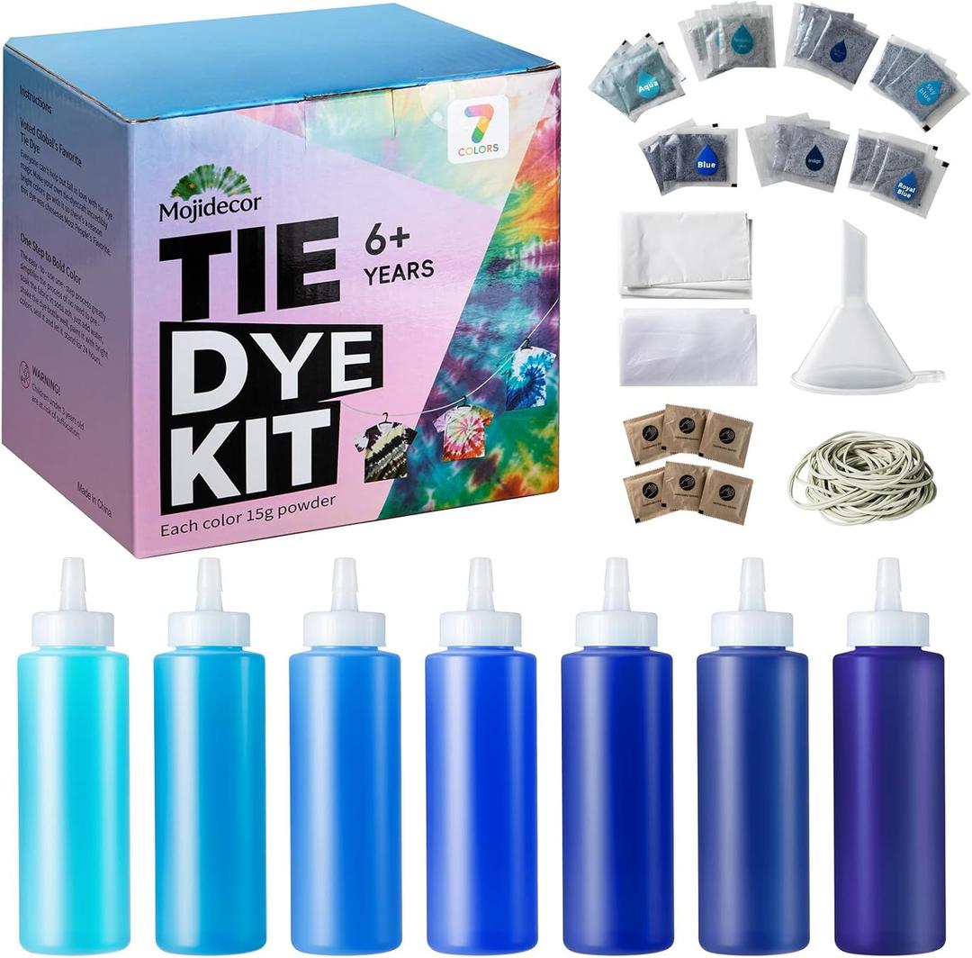 Tie Dye Kit - 7 Blue Shades Tie Dye Kits for Kids & Adults, 21 Powder Packs, 7 Bottles, Gloves, Aprons, Tablecloth, Funnel - Fabric Dye Permanent Clothing Dye for DIY Craft, Party, Large Groups