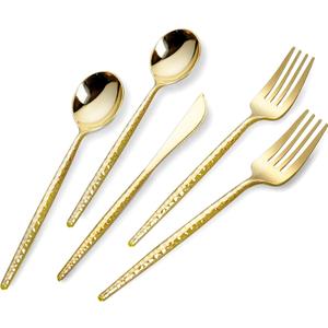 SUT 150 PCS Gold Plastic Silverware, Gold Disposable Utensils, Plastic Silverware Heavy Duty, Includes 50 Knives, Forks and Spoons, Hammered Disposable Cutlery for Wedding, Birthday, Party