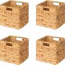 SpaceAid 4 Pack Wicker Basket, Storage Baskets for Organizing, Woven Rattan Basket with Handles for Shelves, Water Hyacinth Large Cube Organizer Storage Bin, 12x12x12 inch, Natural