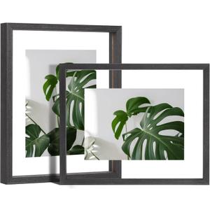 Egofine 8x10 Floating Frames Set of 2, Double Plexiglass Picture Frame, Made of Solid Wood Display Any Size Photo up to 8x10, Wall Mount or Tabletop Standing, Faded Black