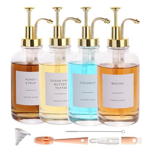 Coffee Syrup Dispenser-4pack,16.9 oz 500ml,Coffee Bar Accessories,Syrup Pump Dispenser for Coffee Bar,Contains Cleaning Tools, Funnel