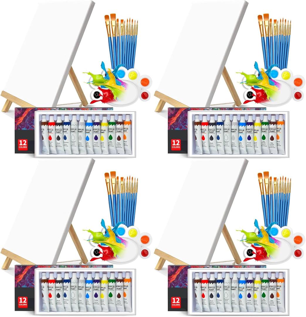 Acrylic Paint Set 100 Pcs Acrylic Painting Kit with 4 * 12 Colors Paint,4 Sets Easel for Painting,Canvas,Palettes&40 Brushes,Sip and Paint Kit for Adults Couples,Kids,Artists and Beginner