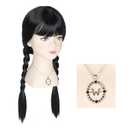 Long Black Braided Wig with Necklace for Kids Child Pigtail Wig Party Halloween Outfit