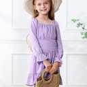 Durio Girls Dresses for Teens Girls Tie Back Off Shoulder Dress Cute Long Sleeve Dress Easter Kids School Party Dance Dresses (Purple)