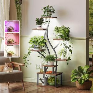 PRAISUN 51.3 Inch Plant Stand with Grow Light, 6 Tiered Indoor Plant Shelf with Larger Flower Holder, Pine-Shaped Stand, 3 Light Modes, Open Base, Corner Plant Rack for Living Room, Rustic Brown