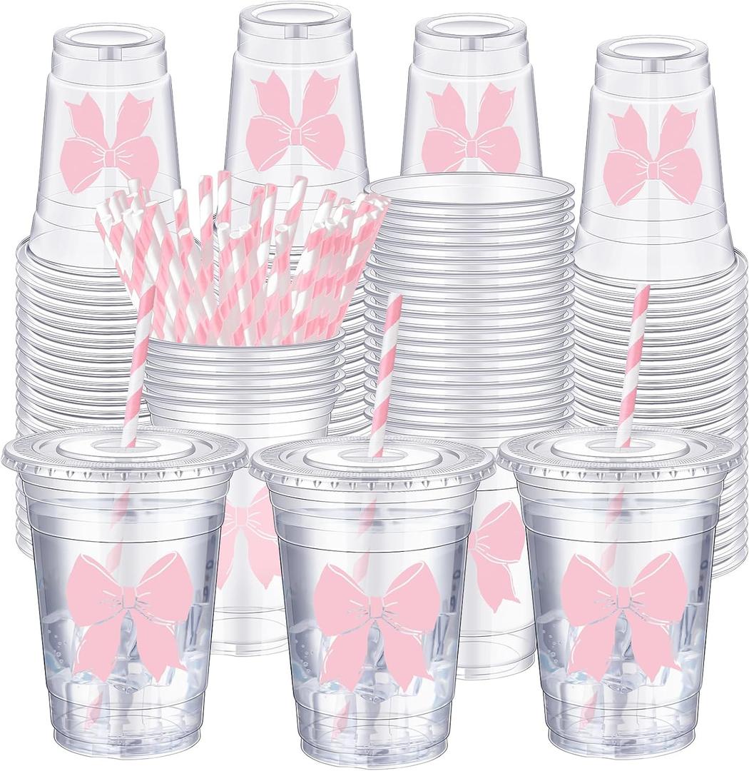 Sliner 50 Pcs 16 oz Coquette Pink Bow Disposable Plastic Cups with Straw for Party Supplies Pink Bow Cup Birthday Wedding Bridal Engagement Drinkware for Christmas Baby Shower Birthday Party Decor