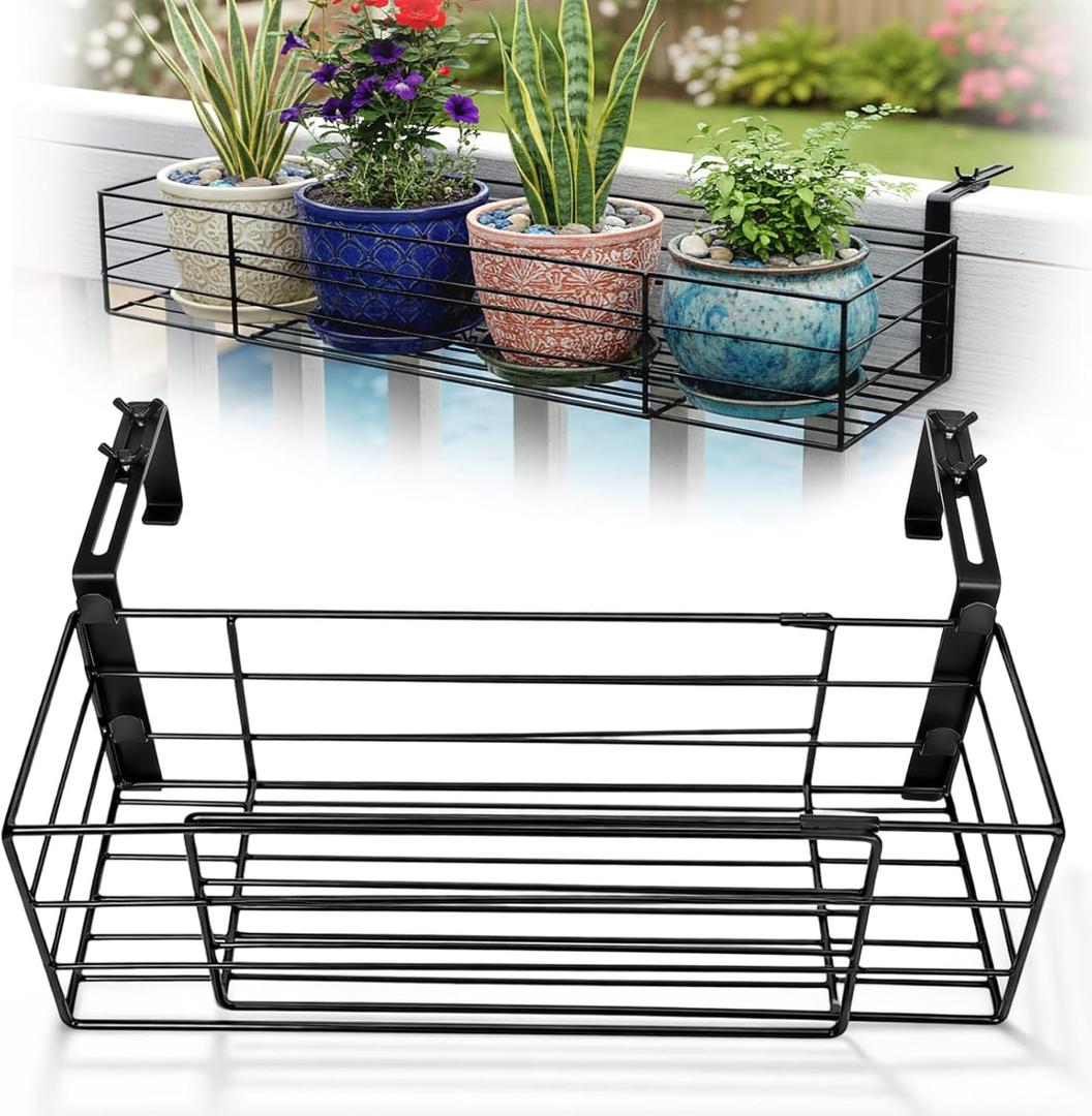 Youyole Adjustable Flower Pot Plant Rack Holder Stand, Expands 14"-27" to Accommodate Multiple Flowerpots, Iron Hanger Hooks Fit Almost Any Balcony, Porch, Fence or Deck Railing up to 6" Wide (Black)