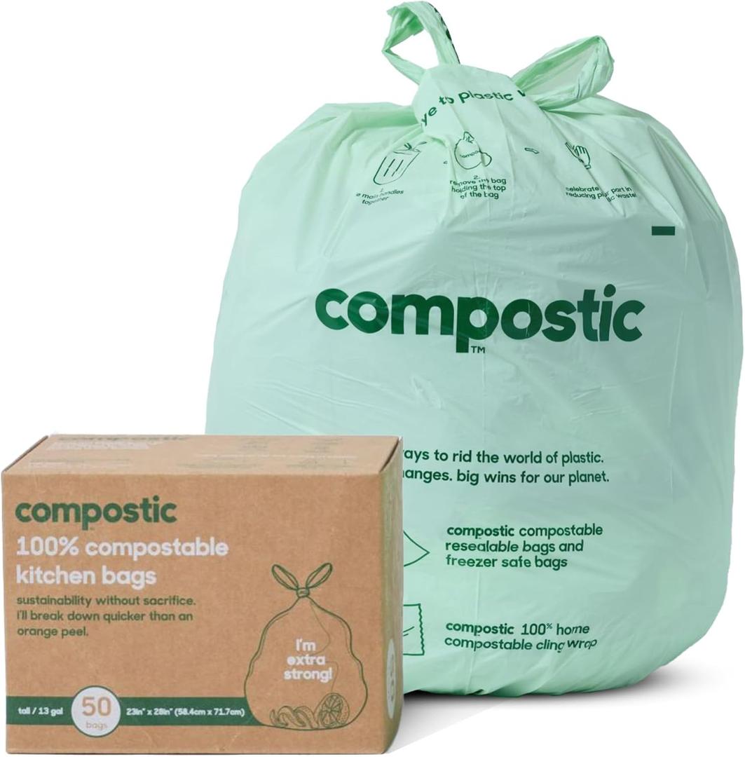 Compostic Compostable Trash Bags, 13 Gallon Tall Kitchen (50 Count) Starter Pack Extra Strong, Home Compostable, Plant-Based, Non-Toxic, Unscented Garbage Bags