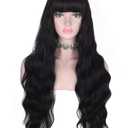Long Wavy Black Wig with Bangs for Women Heat Resistant Synthetic Hair Wigs for Daily Use(Black)