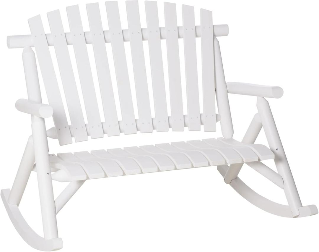 Outsunny Outdoor Wooden Rocking Chair, Double-Person Rustic Adirondack Rocker with Slatted Seat, High Backrest, Armrests for Patio, Garden and Porch, White