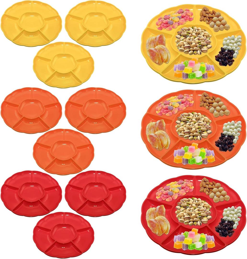 CAOXIAOXUYAO 12-Inch Round Plastic Serving Trays with 12 pack,6 Sectional Snacks Serving Dish Food Platters for Nut Candy Veggie Fruit Thanksgiving (12, Red Orange Yellow)
