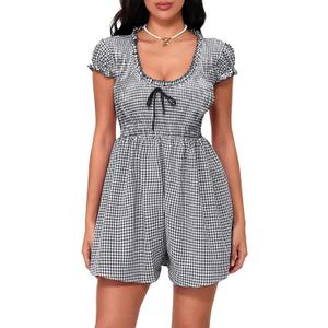 Women's Summer Y2k Plaid Mini Dress Short Sleeve Deep V Neck Smocked Waist Casual Romper Dress (S)