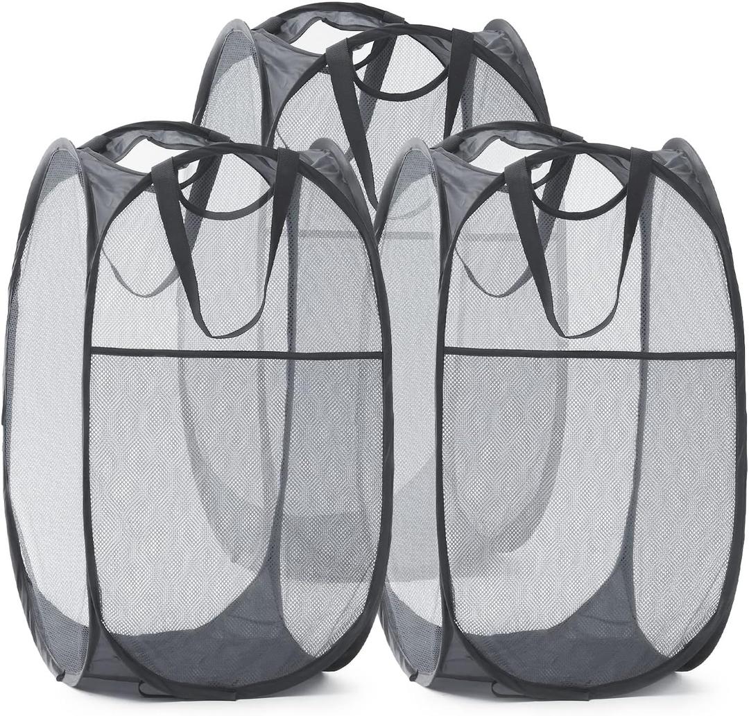 TECHMILLY Collapsible Mesh Pop Up Laundry Hamper with Sturdy Handles and Side Pocket - Portable Foldable Clothes Baskets for Dorm, Bathroom & Travel Storage (Grey, 3 Packs)