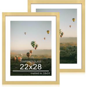 22x28 Picture Frame Set of 2, 22 x 28 Wood Poster Frames with Mat for 18x24, Wooden Photo Frames with Tempered Glass Cover for Wall Display, Gold