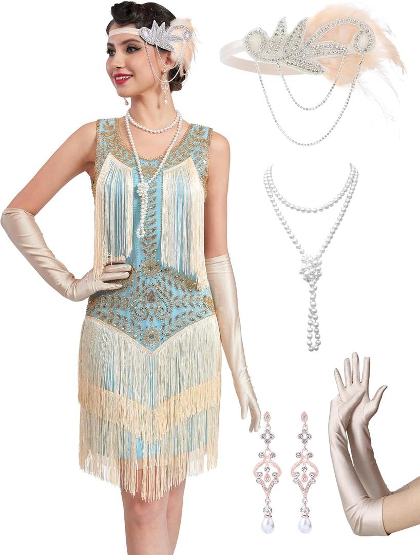 1920s Flapper Dresses for Women, Lace V-Neck Great Gatsby Costumes with Fringe (Large, Light Blue)