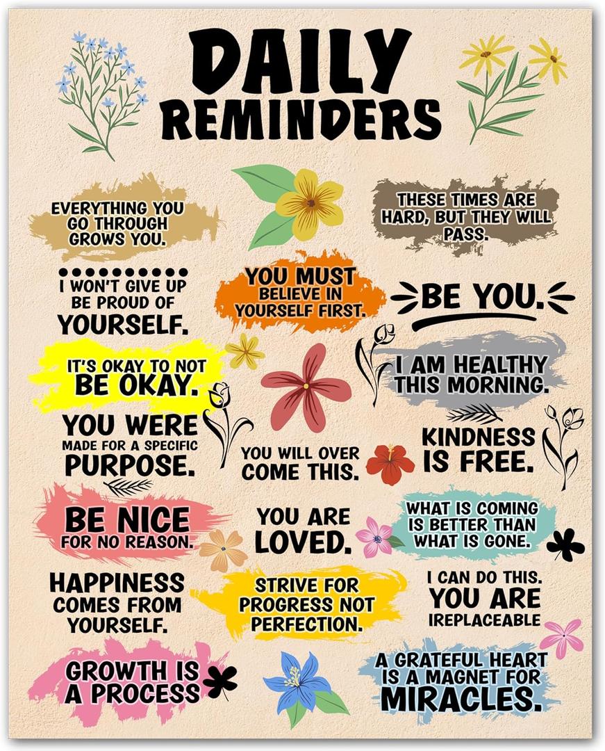 Positive Daily Reminders Poster - Inspirational Wall Art - Positive Quotes Wall Decor - Daily Affirmations Wall Art - Motivational Office Decor for Women - 8x10 Unframed Poster Print
