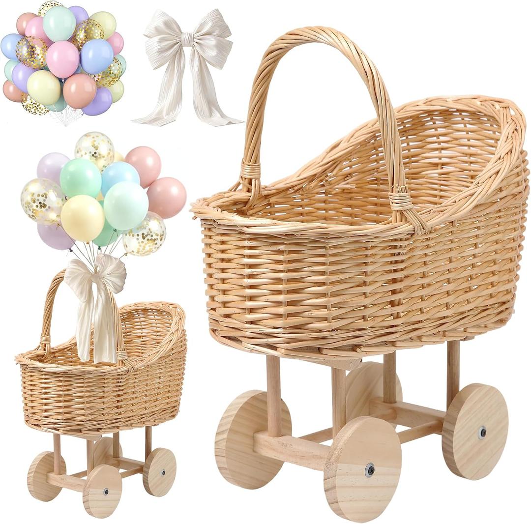 Wicker Carriage,Woven Rattan Stroller Shaped Flower Basket,Natural Willow BranchesUsed for Welcoming Infants, Wedding Parties, Home Decor, Floral Decoration (Not for Infants) (L Wicker Carriage a)