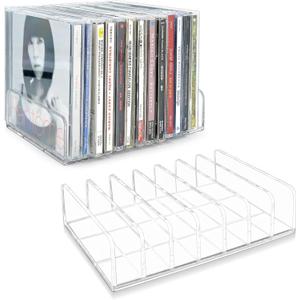 2 Pcs Clear Acrylic CD Holder, DVD/CD Display Rack & CD Storage Box & Vinyl Record Storage Stand Holds up to 14 Standard CD Cases for Media Shelf Storage and Organization