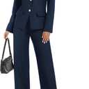 Casly Lamiit Women's 2 Piece Business Casual Outfits Crew Neck Button Down Blazer Wide Leg Dressy Pants Suit Sets, XL