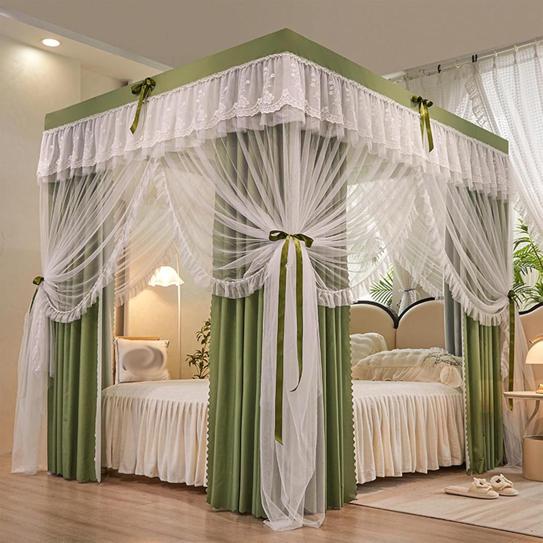4 Corners Post Ruffle Luxurious Lace Princess Bed Canopy Curtain, Elegant Double Layer Cozy Drape Netting Bed Curtain for Twin Full Queen King Size Bed Drapes(Green,200x220cm/King) 4 Corners Post Ruffle Luxurious Lace Princess Bed Canopy Curtain, Elegant Double Layer Cozy Drape Netting Bed Curtain for Twin Full Queen King Size Bed Drapes(Green,200x220cm/King)
