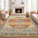 Roxstand Washable Rugs 8x10, Ultra-Thin Non-Slip 8x10 Area Rugs for Living Room, Soft Vintage Large Area Rug, Foldable Farmhouse Bedroom, Dining Room Rug (Navy/Orange, 8'x10')
