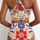 Herseas Women's 2 Piece Bikini Sets Twist Front Top Lily Print Swimsuits High Waisted Bathing Suit Beach Summer Swimwear (Orange, M)