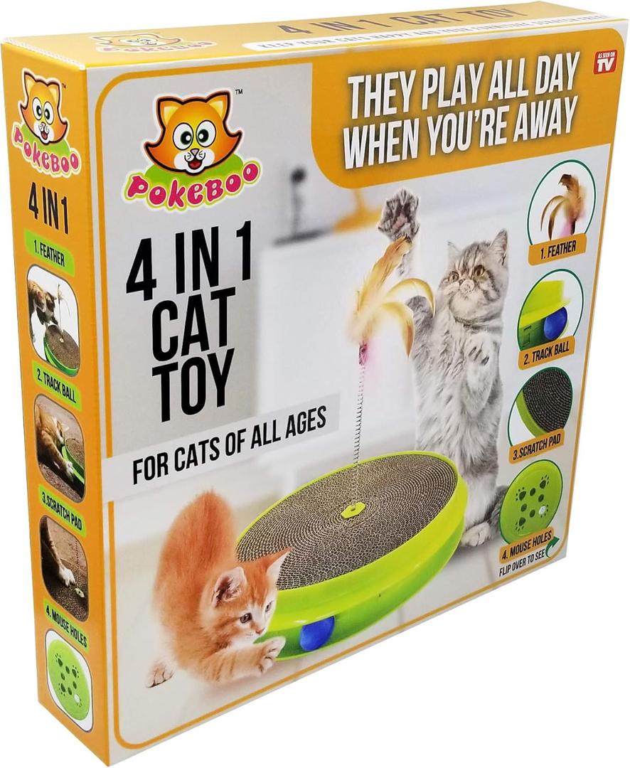 As Seen on TV - 4 in 1 Interactive Cat Toy, Feather Spring, Circle Ball Track, Mouse Holes, Scratch Pad - Replaceable, for Cats Exercise and Stimulation of All Ages
