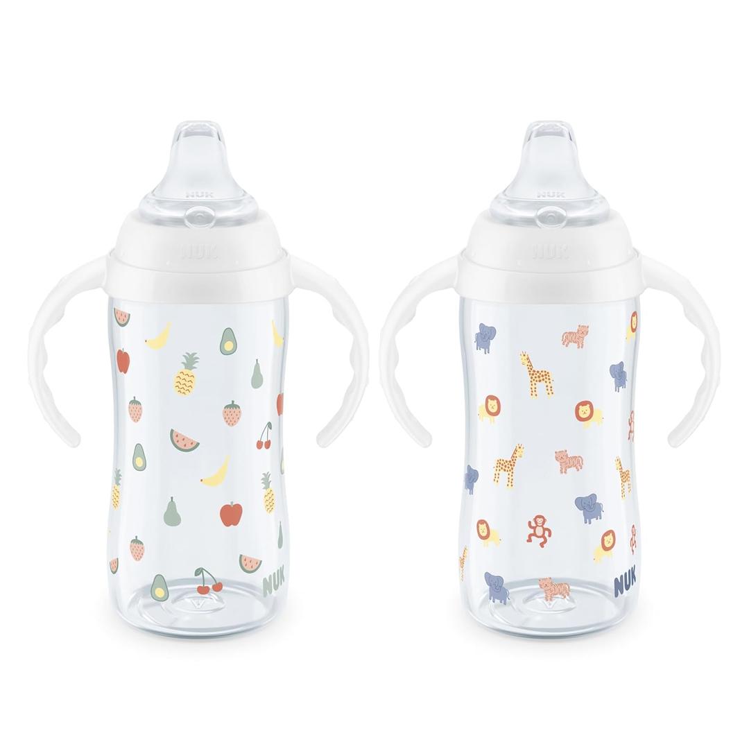 NUK Learner Cup, 8+ Months, Fun Fruits and Animal Collection, 10 Oz, Pack of 2, BPA-Free, Soft Spout, Spill Proof Sippy Cup