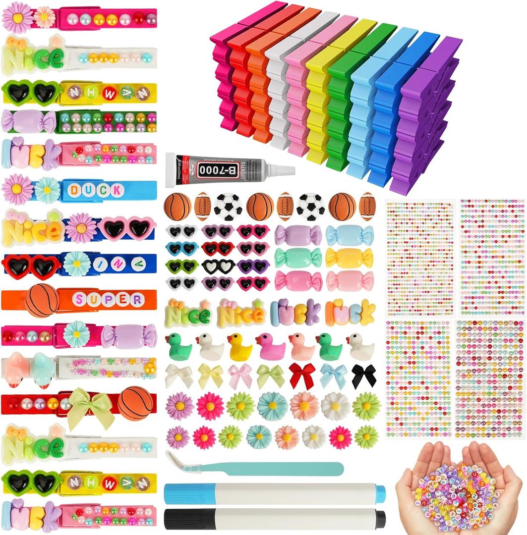 100 Set Cheer Pins Spirit Clips, Wooden Colored Clothes Pins with Tools,Cheer Pin Kit 180 Mini Bows Ducks Daisy Balls 300 Letters 4 Stickers, DIY Custom Pins for Backpack Team Cheerleader Gifts