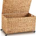 Wonderjune 36 x 20 x 18.5 Inch Rolling Wicker Storage Basket with Lid and Locking Wheels, Water Hyacinth Storage Trunk, Heavy Duty Metal Frame Woven Blanket for Seasonal Clothes Laundry Room, Bedroom