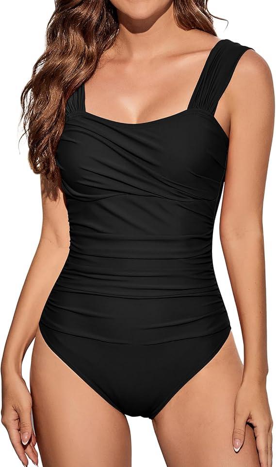 One Piece Bathing Suit for Women Tummy Control Swimsuits Square Neck Ruched Modest Swimwear, XL, Black