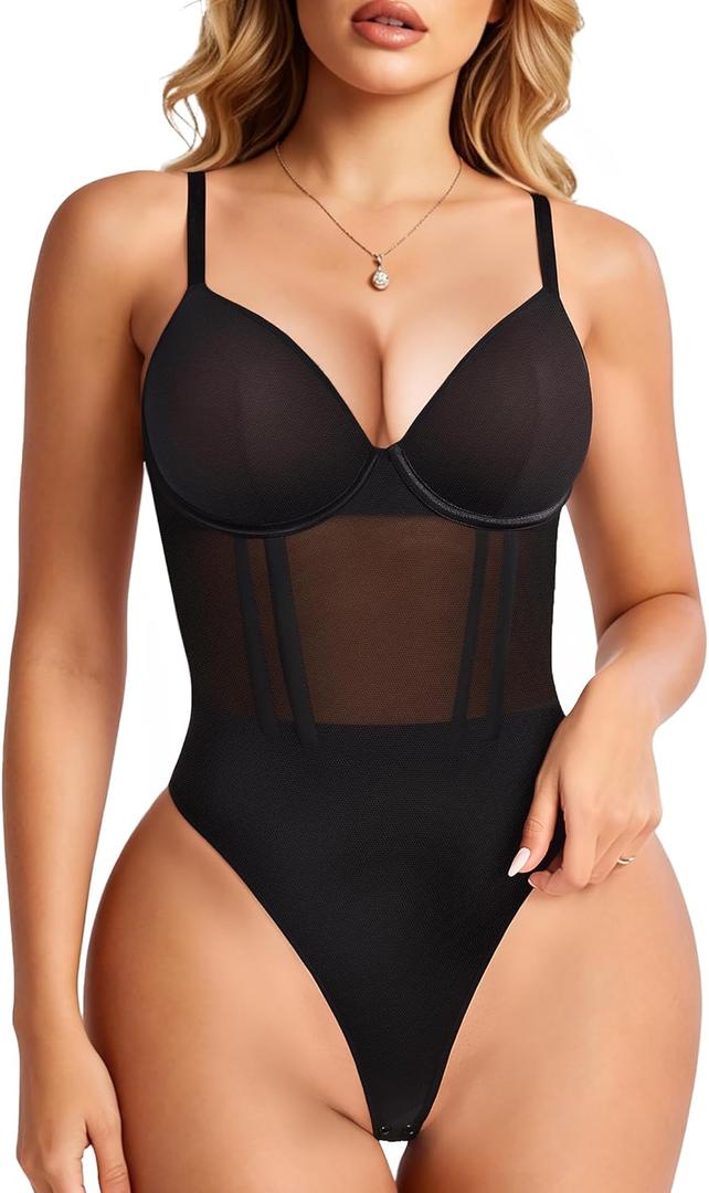 Nebility Shapewear Bodysuits for Women Tummy Control Slimming V Neck Shapewear Bodysuit Thong Body shaper with Underwire (Black) Small