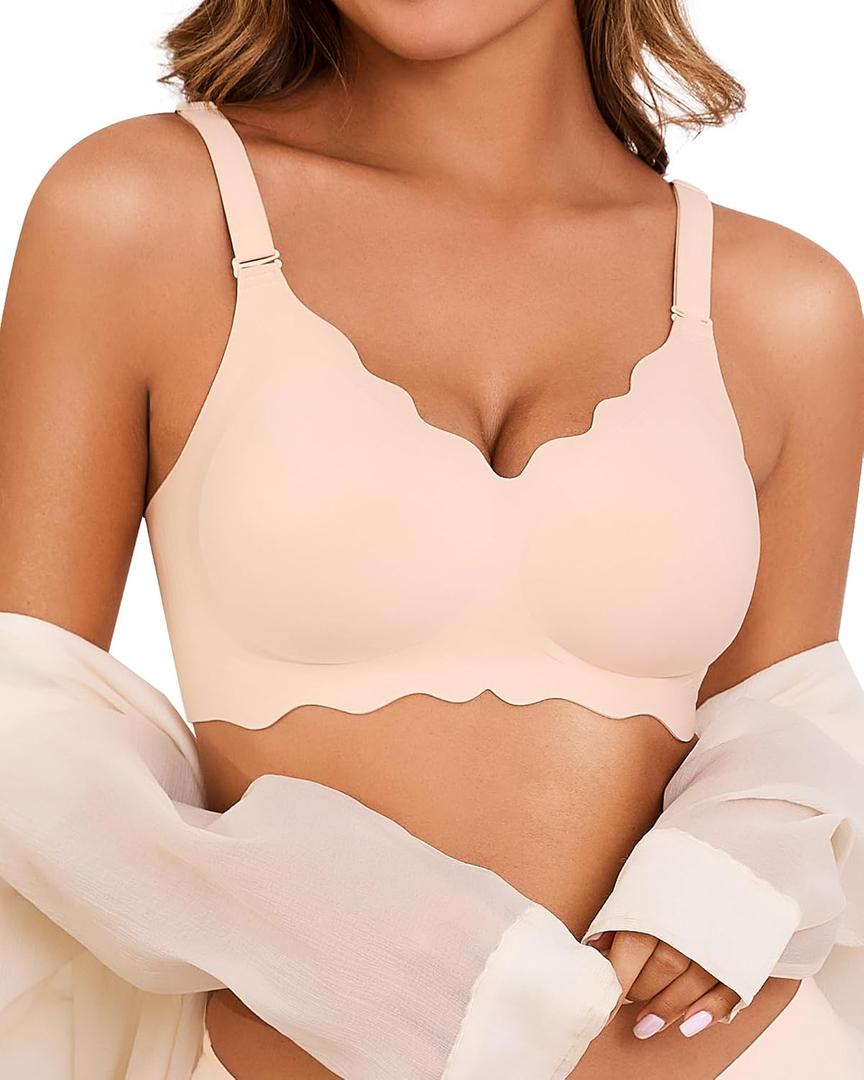 Seamless Jelly Bras for Women No Underwire Push Up Bra Full Coverage V-Neck Wirefree Bralettes Soft T-Shirt Bra, Small