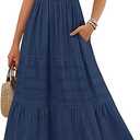 MEROKEETY Women's 2025 Summer Flowy Midi Maxi Dress Short Sleeve Square Neck Smocked Tiered Ruffle Boho Dresses with Pockets (XL, Navy)