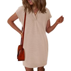 Okiwam Women's Spring Summer Dresses 2026 Casual Short Sleeve V-Neck T-Shirt Mini Vacation Sun Dresses with Pockets (XXL)