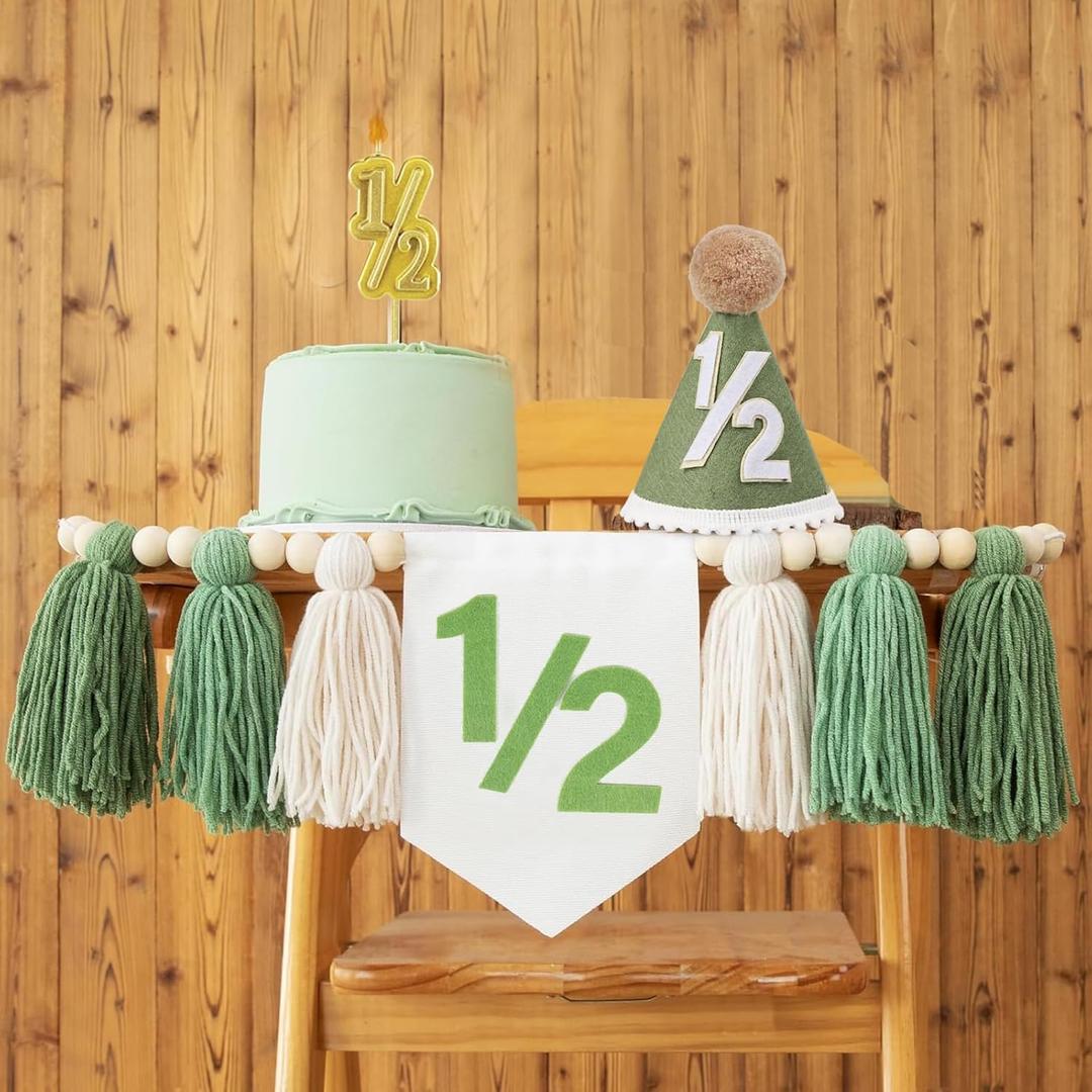 Wild Green 1/2 Birthday Boy, High Chair Banner Half Way to One Baby Boy, Hat Cake Candle Half Birthday Decoration