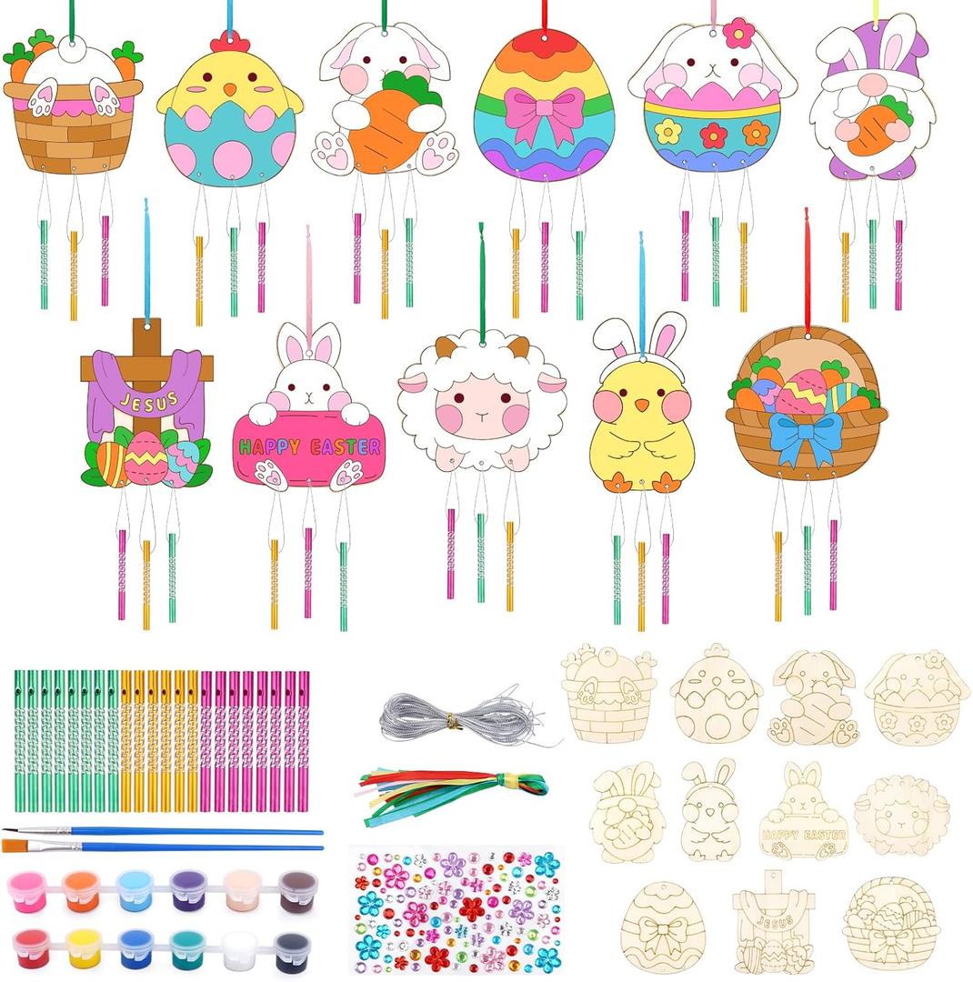 Prewplam DIY Craft for Kids - 11 Pack Wooden Painting Wind Chime Kit with Egg Bunny Lamb Chick Gnome Duck Jesus Basket, School Party Favor Birthday Gifts for Kids Girls Boys