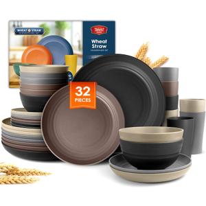Teivio 32-Piece Kitchen Plastic Wheat Straw Dinnerware Set,Service for 8,Unbreakable Dinner Plates, Bowls,Cups,Farmhouse Outdoor Camping Dishes for Rustic Life/Country/Vintage Colorful,Aesthetic