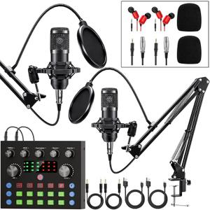Podcast Equipment Bundle for 2, Audio Interface with Voice Changer Condenser Microphones for Gamer, All-in-One Audio Mixer Perfect for Live Streaming, Singing, YouTube, Gaming