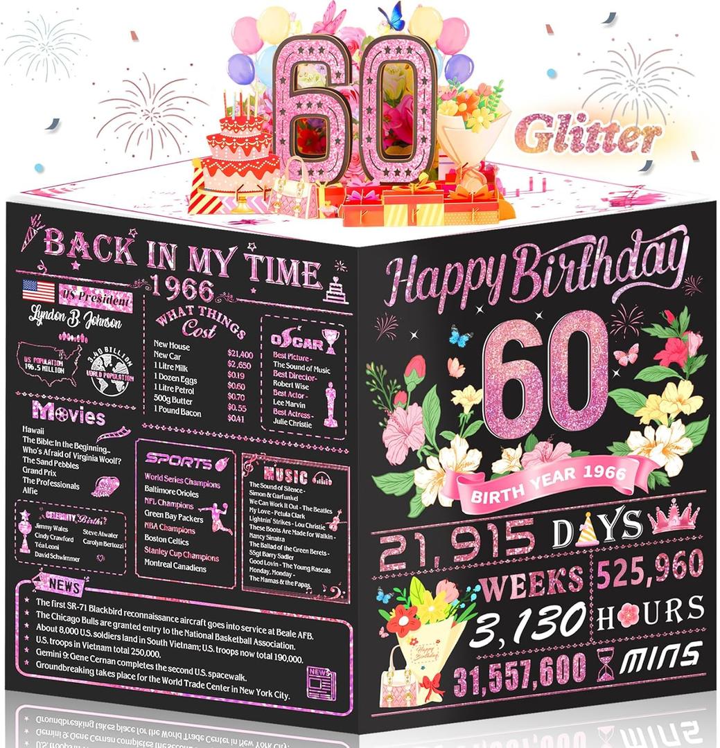 60th Birthday Card for Women,Jumbo Pop Up 60th Birthday Cards for Her Friend,Back In 1966 Happy 60 Year Old Birthday Decorations for Wife Daughter Mom Funny Birthday Gifts,Rose Gold