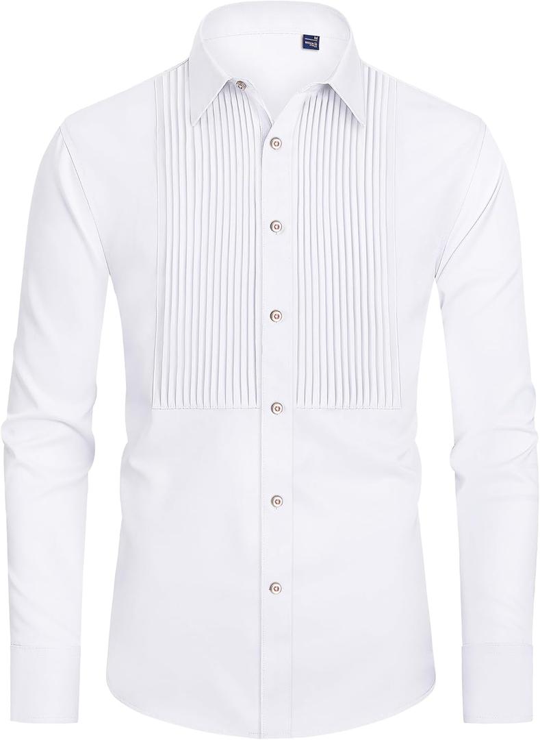 J.VER Men's Tuxedo Shirt Formal Dress Shirt Pleated Long Sleeve Button Down Shirts for Prom Party Wedding M