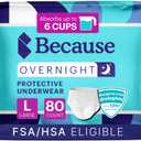Because Overnight Absorbency Pull Ups - Adult Disposable Incontinence Underwear, Extra Absorbent Nighttime Briefs for Men and Women, White, Large, 80 Count (4 Packs of 20)