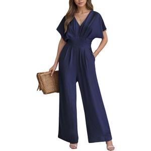 CUPSHE Womens Wide Leg Jumpsuits V-Neck Batwing Short Sleeve Summer Long Rompe Casual Outfit Pocket (Medium)
