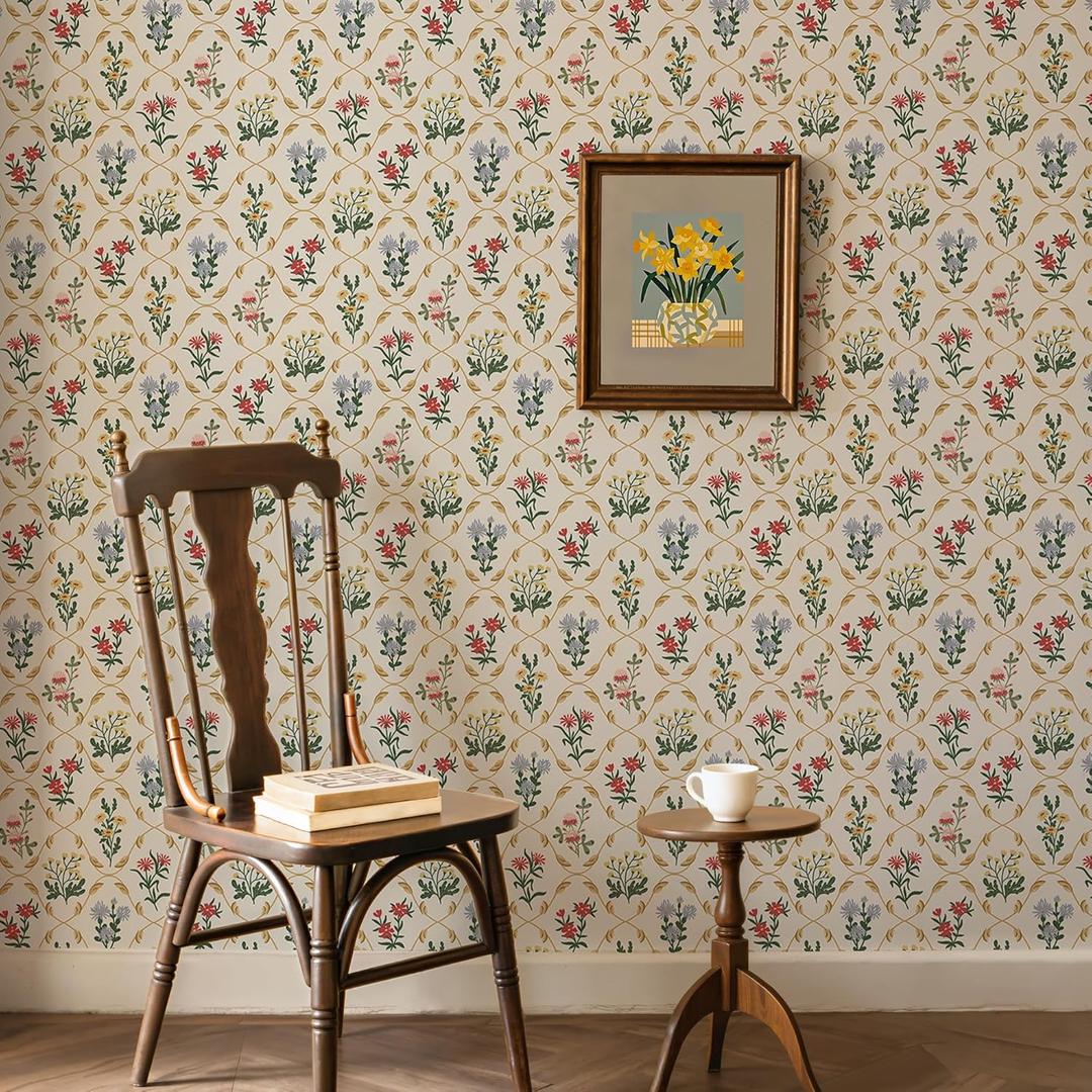 Cabbrix Vintage Wallpaper Peel and Stick Floral Wallpaper 17.5'' x 400'' Boho Neutral Contact Paper Vinyl Waterproof Self Adhesive Wall Paper for Bedroom Shelf Cabinet Decor