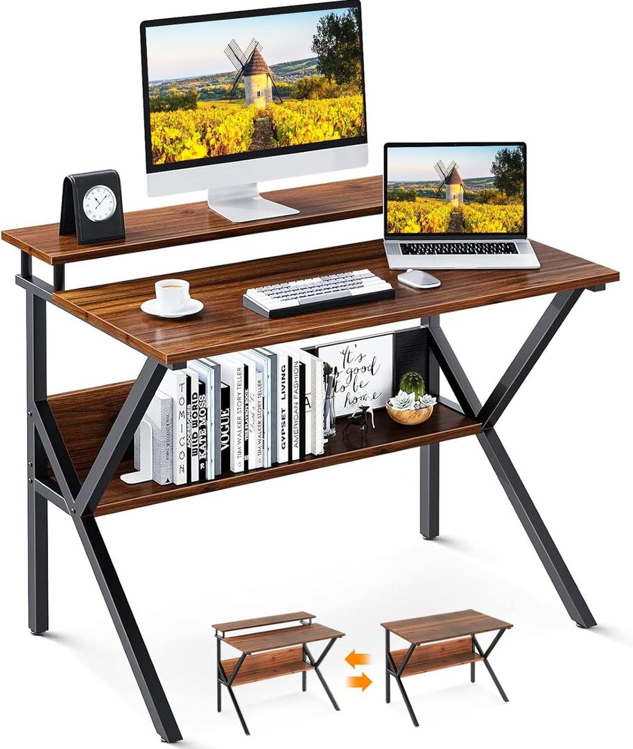 ODK Small Desk, 27.5 Inch Computer Desk for Small Spaces, Compact Desk with Storage, Study Table with Monitor Stand for Home Office, Deep Brown