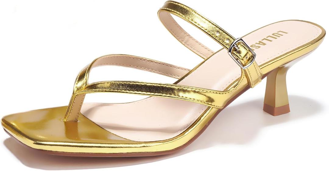 Women's Kitten Heels Sandals Flip Flops Low Heels Slip On Slides 1.8-2 Inch Heeled Square Open Toe Sandals for Women (Gold)