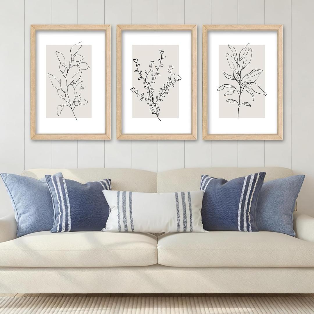 YWJKWLGS Neutral Botanical Prints Framed Wall Art Decor 16x24 Inch Set of 3 Boho Plant pictures Sign minimalist Vintage for Bedroom Office bathroom Wall Hanging (Wood)