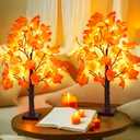 2 Pack 24 Inch Artificial Lighted Fall Maple Tree Thanksgiving Decorations with 48 LEDs Battery Operated Timer Prelit Acorn Maple Tree Lights for Thanksgiving Table Decor Home Indoor Autumn Harvest