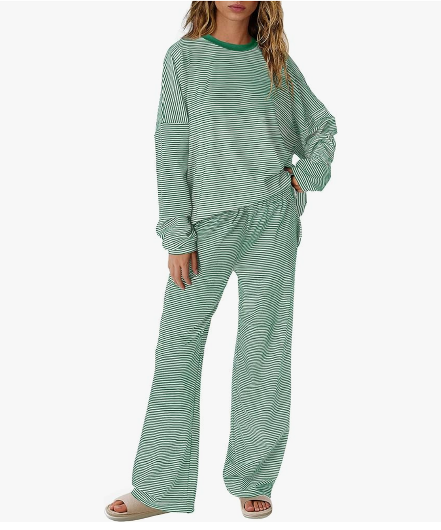 Yanekop Womens Striped Lounge Set Long Sleeve Matching Sets Oversized Pajama Sets Striped Shirt Wide Leg Pants,L