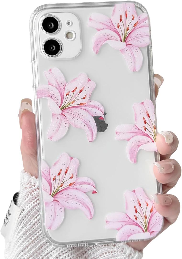 NITITOP Compatible with iPhone 12 Case Clear Cute Pink Lily Blossom Floral Flowers Pattern for Girls Women Soft TPU Transparent Shockproof Protective Phone Cover - Lilies